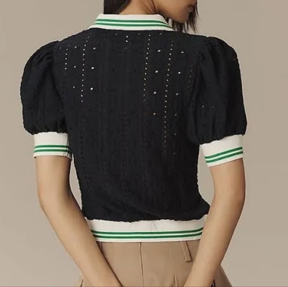 Maeve Blue Puff Sleeve Lace Polo Navy Knit Top Size Large NwT. - Picture 3 of 11